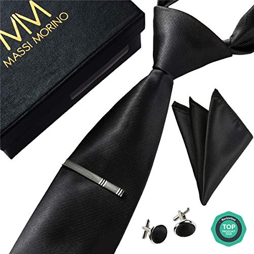® Corbata de diseño para hombre - Estuche con pañuelo, gemelos y clip de corbata, fabricación a mano con seda sintética de microfibra en varios colores con caja de regalo incluida (Negro)