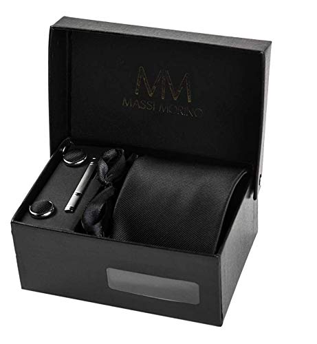 ® Corbata de diseño para hombre - Estuche con pañuelo, gemelos y clip de corbata, fabricación a mano con seda sintética de microfibra en varios colores con caja de regalo incluida (Negro)