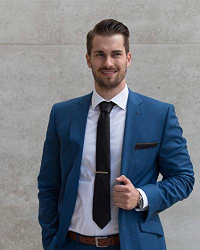 ® Corbata de diseño para hombre - Estuche con pañuelo, gemelos y clip de corbata, fabricación a mano con seda sintética de microfibra en varios colores con caja de regalo incluida (Negro)