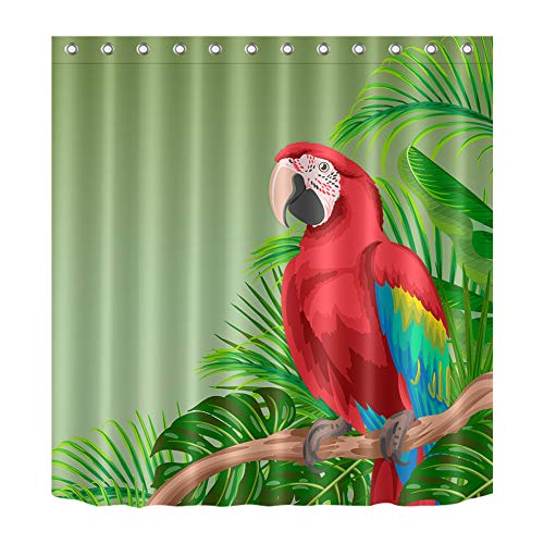 Cortina De Ducha 180X180Cm. Impresión 3D HD. Tejido Impermeable. Gancho Libre 12 Ganchos Gratis. Hojas De Guacamayo Verde. Decoración Hogareña.