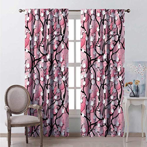 Cortina opaca japonesa japonesa Sakura árbol flores sobre paraguas y ramas curvadas románticas floraciones artísticas 2 paneles W52 x L72 pulgadas negro rosa