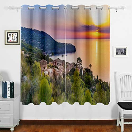 Cortinas opacas para dormitorio Hermosa puesta de sol Costa Mallorca España Isla Cortinas de ventana con aislamiento térmico Paneles de ventana Cortinas Cortina de decoración del hogar （1 par）