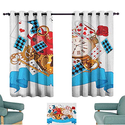 Cortinas personalizadas con estampado en el país de las maravillas, diseño de tarjetas, relojes, teteras, llaves, flores, obras de arte de fantasía, diferentes patrones de 108 x 183 cm, multicolor