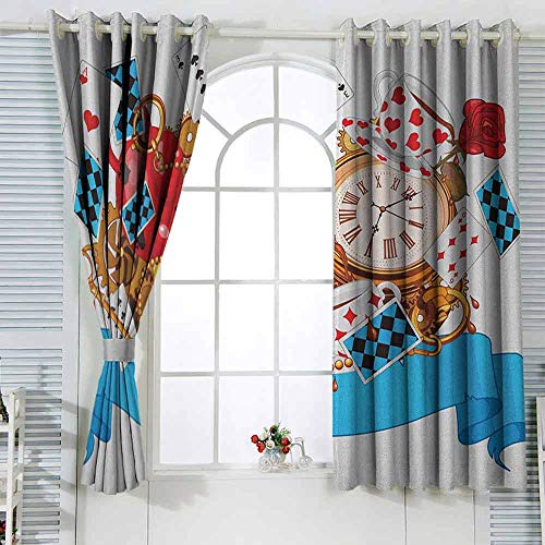Cortinas personalizadas con estampado en el país de las maravillas, diseño de tarjetas, relojes, teteras, llaves, flores, obras de arte de fantasía, diferentes patrones de 108 x 183 cm, multicolor