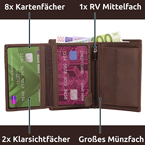 Cosmos - Monedero para hombre con bloqueo RFID, 15 compartimentos para tarjetas, color marrón, con certificado TÜV