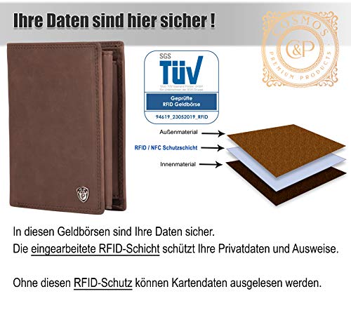 Cosmos - Monedero para hombre con bloqueo RFID, 15 compartimentos para tarjetas, color marrón, con certificado TÜV