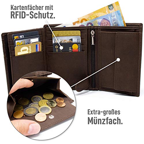 Cosmos - Monedero para hombre con bloqueo RFID, 15 compartimentos para tarjetas, color marrón, con certificado TÜV