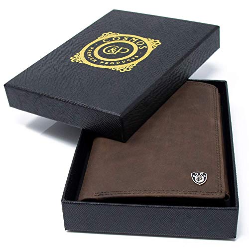 Cosmos - Monedero para hombre con bloqueo RFID, 15 compartimentos para tarjetas, color marrón, con certificado TÜV