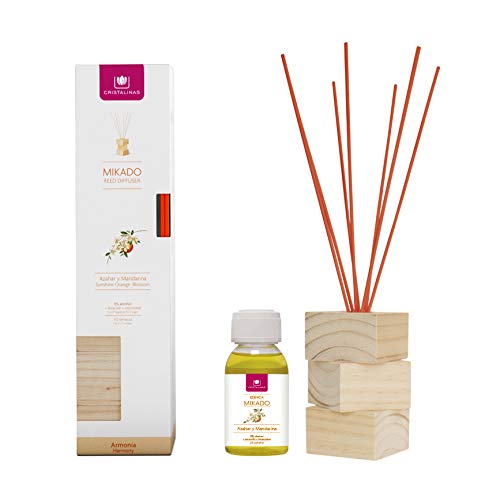 CRISTALINAS. Ambientador NATURAL WOOD. Kit completo ( Varillas, base de madera y esencia). Difusor de varillas. Mas de 12 semanas. 100ml. Aroma (Azahar)