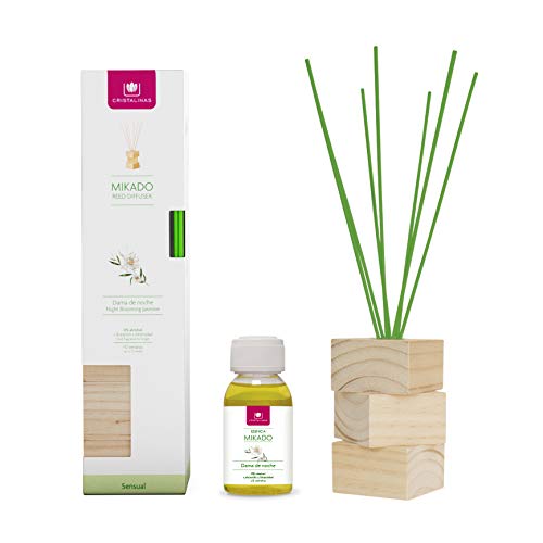 CRISTALINAS. Ambientador Natural Wood. Kit Completo (Varillas, Base de Madera y Esencia). Difusor de Varillas. Mas de 12 semanas. 100ml. Aroma (Dama de Noche)
