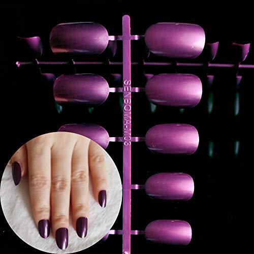 CSCH Uñas postizas 24 piezas de puntas de uñas oval pearl gloss satin dark purple sweet artificial fake nail tips tamaño mediano