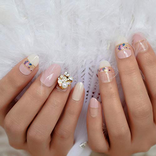 CSCH Uñas postizas 3d luxurycolor gem pink French fake nails secret cobertura total lentejuelas de oro artificiales presionadas en el dedo falso nail art preadhesivo en la parte posterior