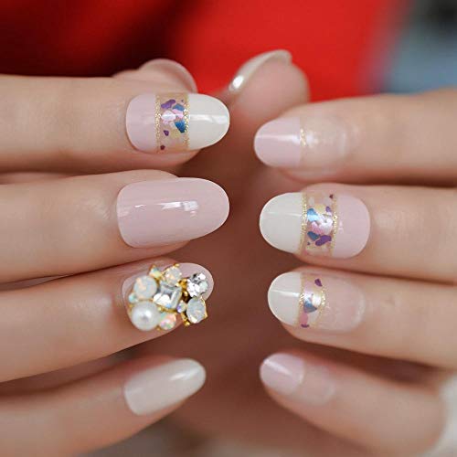 CSCH Uñas postizas 3d luxurycolor gem pink French fake nails secret cobertura total lentejuelas de oro artificiales presionadas en el dedo falso nail art preadhesivo en la parte posterior