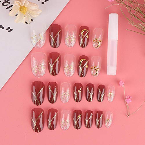 CSCH Uñas postizas"24pcs / 1 Juego de secretos franceses de diseño largo para uñas postizas, herramientas de uñas postizas de cobertura completa de acrílico dorado"24 piezas