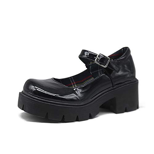 CTEJ Zapatos clásicos de para Mujer Estilo japonés Dulce Cosplay Zapatos Lolita Bonitos Zapatos Planos Informales con Hebilla de Punta Redonda y Correa,Negro,37