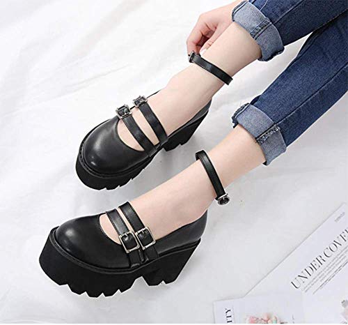 CTEJ Zapatos De Plataforma para Mujer Zapatos De Princesa Lolita Dulce Japonesa Zapatos De Punta Redonda Lindos Mocasines Otoño e Invierno,Negro,37