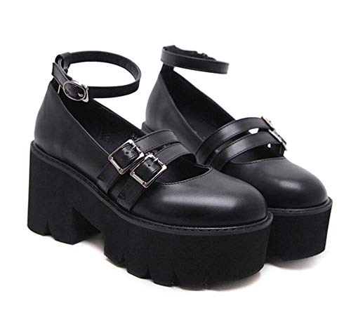 CTEJ Zapatos De Plataforma para Mujer Zapatos De Princesa Lolita Dulce Japonesa Zapatos De Punta Redonda Lindos Mocasines Otoño e Invierno,Negro,37