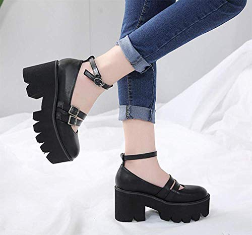 CTEJ Zapatos De Plataforma para Mujer Zapatos De Princesa Lolita Dulce Japonesa Zapatos De Punta Redonda Lindos Mocasines Otoño e Invierno,Negro,37