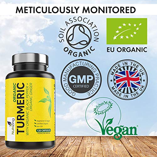 Curcumina de cúrcuma orgánica 1420mg - Potencia superior, pureza certificada - con pimienta negra y jengibre - 120 cápsulas veganas de cúrcuma de alta resistencia - Hecho en UE por NutriZing
