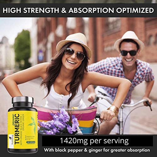 Curcumina de cúrcuma orgánica 1420mg - Potencia superior, pureza certificada - con pimienta negra y jengibre - 120 cápsulas veganas de cúrcuma de alta resistencia - Hecho en UE por NutriZing