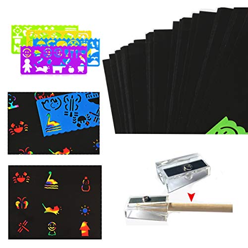 Dancepandas Scratch Art Para Niños 50PCS Papel De Rascar Dibujo Scratch Dibujos Magicos Manualidades Incluye 4 Plantillas De Dibujo 5 Palos De Madera Y Un Sacapuntas 5 Mascaras (26 * 18.5cm)