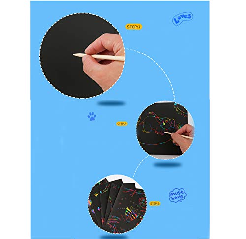 Dancepandas Scratch Art Para Niños 50PCS Papel De Rascar Dibujo Scratch Dibujos Magicos Manualidades Incluye 4 Plantillas De Dibujo 5 Palos De Madera Y Un Sacapuntas 5 Mascaras (26 * 18.5cm)