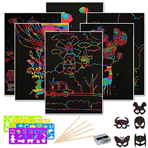 Dancepandas Scratch Art Para Niños 50PCS Papel De Rascar Dibujo Scratch Dibujos Magicos Manualidades Incluye 4 Plantillas De Dibujo 5 Palos De Madera Y Un Sacapuntas 5 Mascaras (26 * 18.5cm)
