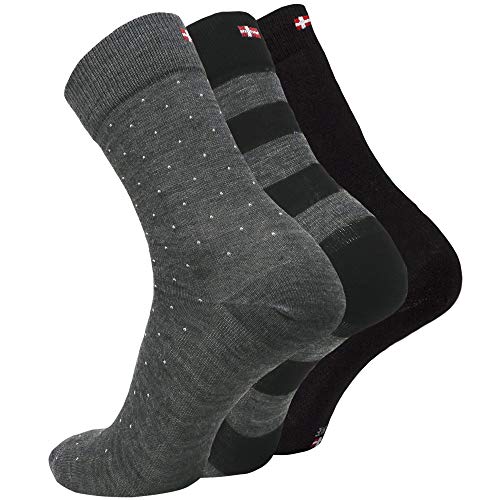 DANISH ENDURANCE Calcetines de Lana Merino 3 Pares (Multicolor: 1 x Negro, 1 x Negro/Rayas Grises, 1 x Negro/Puntos Grises, EU 39-42)