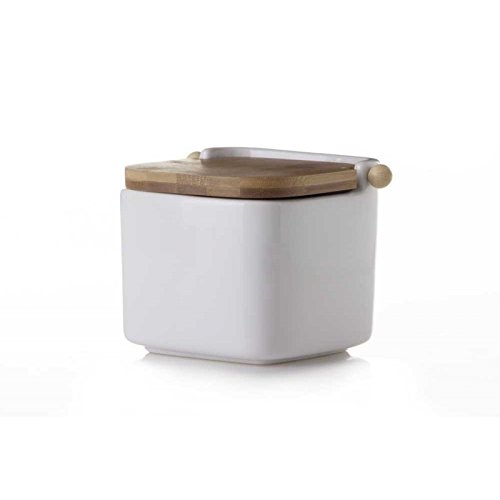 D'CASA Salero Cuadrado de cerámica Blanco con Tapa de bambú, 12x12x10.5 cm