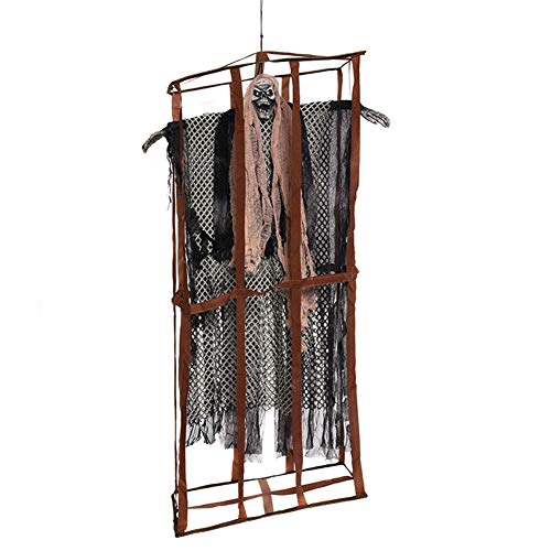 De miedoColgando del cráneo del parca en la jaula Los cadáveres de fantasmas Control de sonido Iluminará Ojos Decoración de Halloween de miedo Prop de la casa encantada