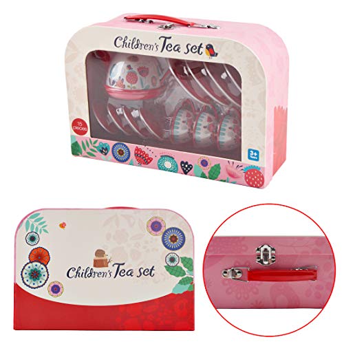 deAO Juego de Té en Maletín Portátil Conjunto Infantil de 14 Piezas Incluye Tetera, Platos y Tazas Diseño Metálico de Imitación Maleta Picnic (Rojo)