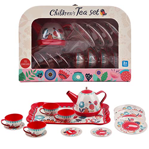 deAO Juego de Té en Maletín Portátil Conjunto Infantil de 14 Piezas Incluye Tetera, Platos y Tazas Diseño Metálico de Imitación Maleta Picnic (Rojo)