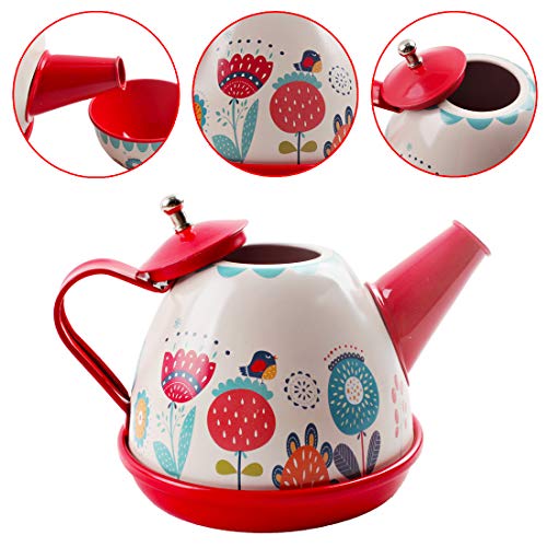 deAO Juego de Té en Maletín Portátil Conjunto Infantil de 14 Piezas Incluye Tetera, Platos y Tazas Diseño Metálico de Imitación Maleta Picnic (Rojo)