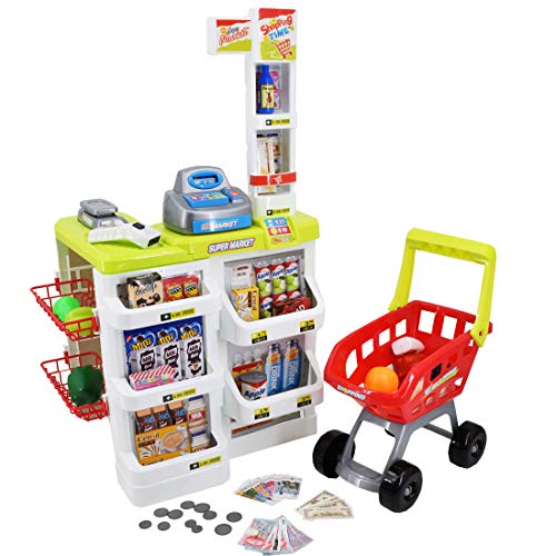 deAO Supermercado Puesto de Mercado con Carrito de la Compra, Scanner y Accesorios Incluidos