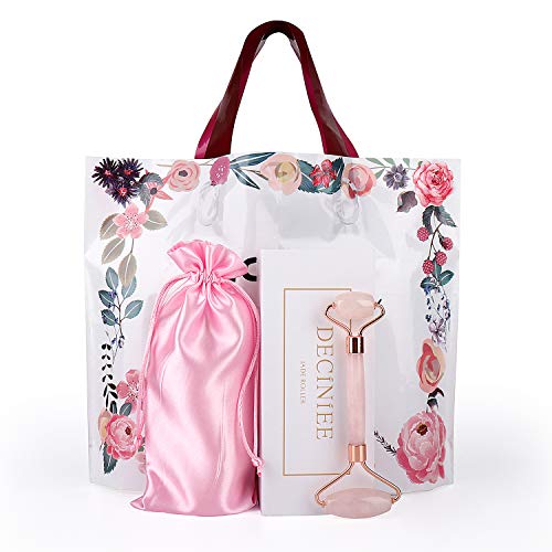 Deciniee Rodillo de Jade, Herramienta de Masaje Gua Sha 100% Rodillo Facial Natural Herramienta de Belleza de Cuarzo Rosa Rodillo Facial para Adelgazar y Reafirmar