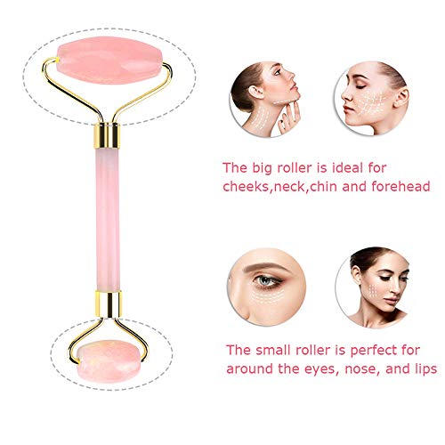 Deciniee Rodillo de Jade, Herramienta de Masaje Gua Sha 100% Rodillo Facial Natural Herramienta de Belleza de Cuarzo Rosa Rodillo Facial para Adelgazar y Reafirmar