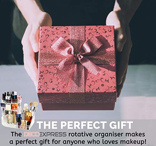 DECO EXPRESS Organizador Giratorio Acrílico para Maquillaje Tamaño Grande para Almacenar Maquillaje | Incluye Un Soporte Giratorio De 360 ° Y Bandejas Ajustables | Fácil Acceso A Cosméticos