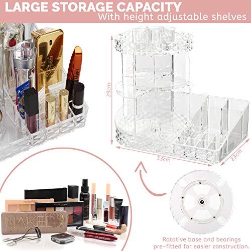 DECO EXPRESS Organizador Giratorio Acrílico para Maquillaje Tamaño Grande para Almacenar Maquillaje | Incluye Un Soporte Giratorio De 360 ° Y Bandejas Ajustables | Fácil Acceso A Cosméticos