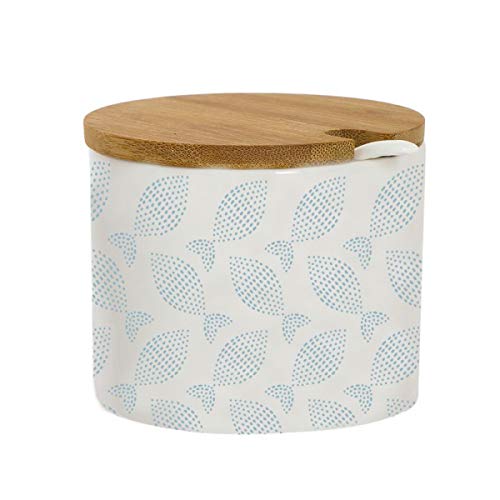 Deco Line Mediterraneo - Azucarero redondo de cerámica con tapa de bambú (8 cm), color blanco