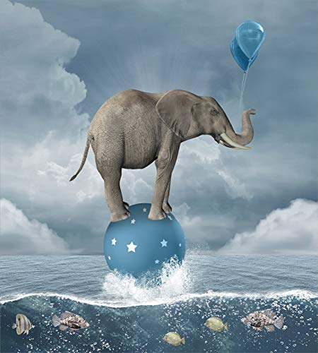 Decoración extraña Juego de funda nórdica, Elefante con globos en Sea Fish Fantasy Circus Animal Balance Surrealista, Juego de cama de 2 piezas con 1 funda de almohada, Tamaño Twin / Twin XL, Azul Bla