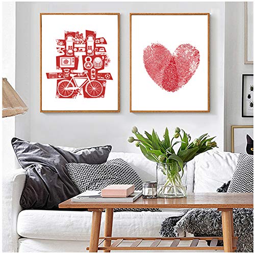 Decoración nórdica para el hogar Pintura Elementos de boda chinos Doble felicidad Huella digital Amor Pared Lienzo Imágenes Arte Cartel Impreso 60x80cm (24x32 pulgadas) x2 Con marco