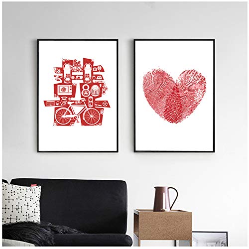 Decoración nórdica para el hogar Pintura Elementos de boda chinos Doble felicidad Huella digital Amor Pared Lienzo Imágenes Arte Cartel Impreso 60x80cm (24x32 pulgadas) x2 Con marco