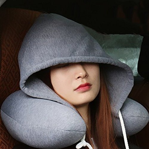 Delleu Sudadera con Capucha Travel Neck Pillow U en Forma de Almohadas de Cuello de Espuma de Memoria para Viajar Sleeping Pillow with Drawstring Desmontable Hat Pillow