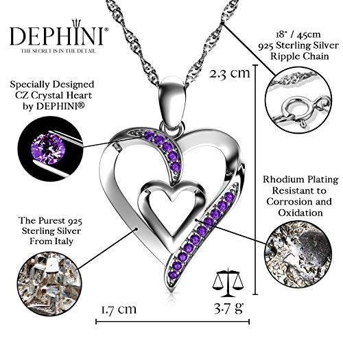 DEPHINI – Collar de corazón – Plata de ley 925 – Colgante de corazón doble amor – Cristales de circonia cúbica morada – Joyería fina collar de mujer – Cadena de plata chapada en rodio