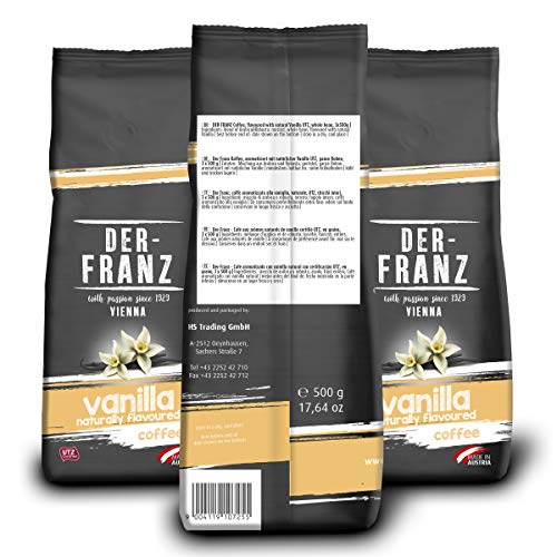 Der-Franz - Café mezcla de Arábica y Robusta, asado, frijoles enteros aromatizado con vainilla natural con certificación UTZ, en grano, 3 x 500 g