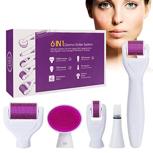 Derma Roller Kit 6 en 1, 1.5/1.0/0.5 Micro agujas Cepillo de silicona y bandeja desinfectante para la regeneración de la piel, arrugas, manchas oscuras, manchas de acné.