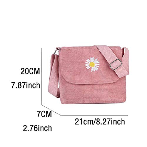 DGYAXIN Lienzo de Mujer Bolsos Pana de Rayas Bandoleras con Margarita Bordada BotóN MagnéTico y Cierre de Cremallera, Adecuado para Trabajar, IR de Compras, IR a La Escuela, Viajar,Rosado