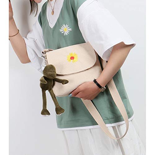 DGYAXIN Lienzo de Mujer Bolsos Pana de Rayas Bandoleras con Margarita Bordada BotóN MagnéTico y Cierre de Cremallera, Adecuado para Trabajar, IR de Compras, IR a La Escuela, Viajar,Rosado