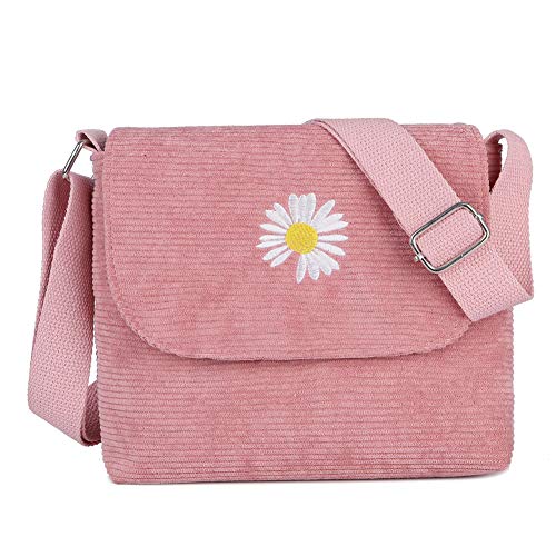 DGYAXIN Lienzo de Mujer Bolsos Pana de Rayas Bandoleras con Margarita Bordada BotóN MagnéTico y Cierre de Cremallera, Adecuado para Trabajar, IR de Compras, IR a La Escuela, Viajar,Rosado