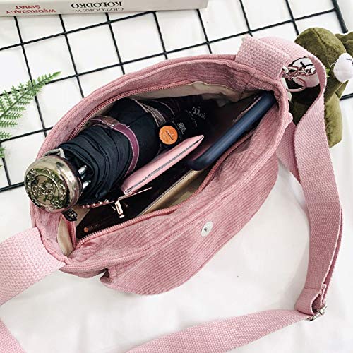 DGYAXIN Lienzo de Mujer Bolsos Pana de Rayas Bandoleras con Margarita Bordada BotóN MagnéTico y Cierre de Cremallera, Adecuado para Trabajar, IR de Compras, IR a La Escuela, Viajar,Rosado